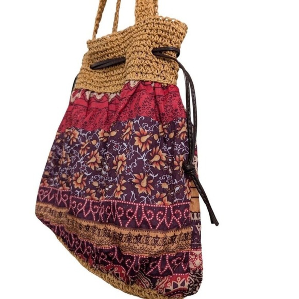 Boho Tote Shoulder Cinch Bag‎ Drawstring Closure Woven Straw Geometric Pattern - Picture 7 of 14